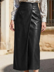 Women PU High Waist Slit Midi Skirt_CWDTD00549