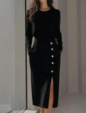 Long Sleeve Button Detail Slit Dress_CWDTD00550