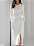 Long Sleeve Button Detail Slit Dress_CWDTD00550