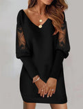 V Neck Lace Patchwork Printed Dress_CWDTD00554