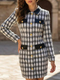 Tweed Plaid Faux Leather Collar Midi Dress_CWDTD00570