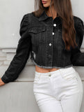 Washed casual raw-edge cropped denim jacket