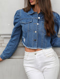 Washed casual raw-edge cropped denim jacket