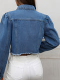 Washed casual raw-edge cropped denim jacket