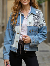 Fashionable printed patchwork ripped denim jacket