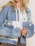 Fashionable printed patchwork ripped denim jacket