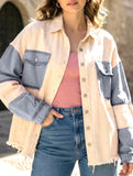 Retro washed color-blocked frayed denim jacket for women_CWJJ00136