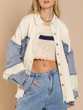 Retro washed color-blocked frayed denim jacket for women_CWJJ00136
