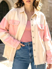 Retro washed color-blocked frayed denim jacket for women_CWJJ00136