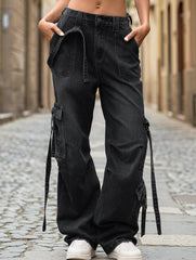 Multi-pocket lace-up wide-leg loose denim trousers
