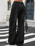 Multi-pocket lace-up wide-leg loose denim trousers