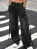 Multi-pocket lace-up wide-leg loose denim trousers