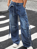 Multi-pocket lace-up wide-leg loose denim trousers