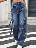 Multi-pocket lace-up wide-leg loose denim trousers