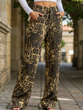 Washed leopard print denim straight-leg trousers