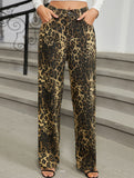 Washed leopard print denim straight-leg trousers