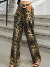 Washed leopard print denim straight-leg trousers