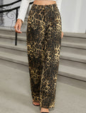 Washed leopard print denim straight-leg trousers