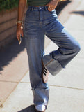Women's high-waisted, rolled-up retro casual jeans_CWJP00871