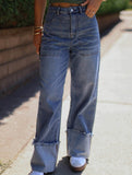 Women's high-waisted, rolled-up retro casual jeans_CWJP00871