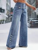 Women's high-waisted retro button-down jeans with slits_CWJP00877