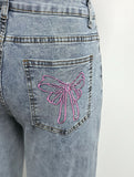 Bow Embroidered High Waist Wide Leg Jeans