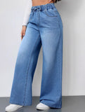 Elastic Waist High Waist Wide Leg Jeans
