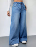 Elastic Waist High Waist Wide Leg Jeans