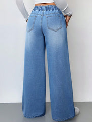 Elastic Waist High Waist Wide Leg Jeans