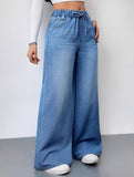 Elastic Waist High Waist Wide Leg Jeans