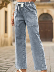 Washed Drawstring Stretch Jeans