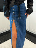 High-waisted, sexy, slim-fitting denim skirt with slits