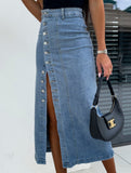 High-waisted, sexy, slim-fitting denim skirt with slits
