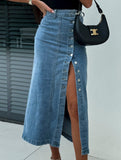 High-waisted, sexy, slim-fitting denim skirt with slits