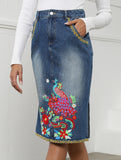 Heavy-duty embroidered denim slim-fit midi skirt_CWJSK00238