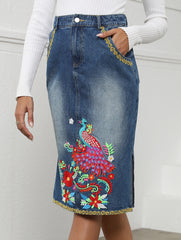 Heavy-duty embroidered denim slim-fit midi skirt_CWJSK00238