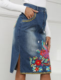 Heavy-duty embroidered denim slim-fit midi skirt_CWJSK00238
