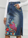 Heavy-duty embroidered denim slim-fit midi skirt_CWJSK00238