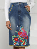 Heavy-duty embroidered denim slim-fit midi skirt_CWJSK00238