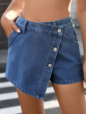 Washed button-embellished irregular denim skirt pants