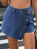 Washed button-embellished irregular denim skirt pants