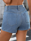 Washed button-embellished irregular denim skirt pants