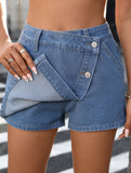 Washed button-embellished irregular denim skirt pants
