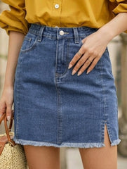 Washed Slit Denim Mini Skirt_CWJSK00274