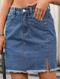 Washed Slit Denim Mini Skirt_CWJSK00274