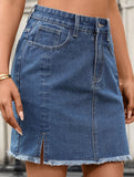 Washed Slit Denim Mini Skirt_CWJSK00274