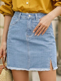 Washed Slit Denim Mini Skirt_CWJSK00274
