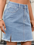 Washed Slit Denim Mini Skirt_CWJSK00274