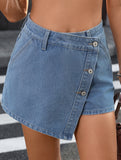 Irregular Button Denim Skort_CWJSK00275
