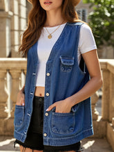MULTI POCKET BUTTON CLOSURE DENIM VEST